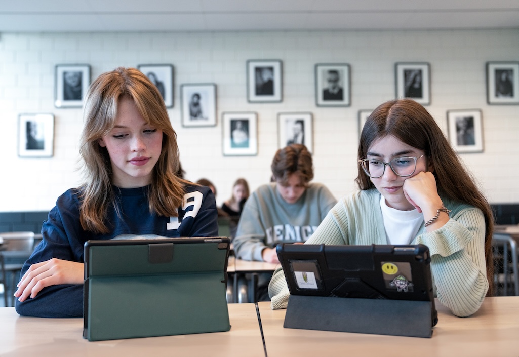 Leerlingen die lezen achter een tablet